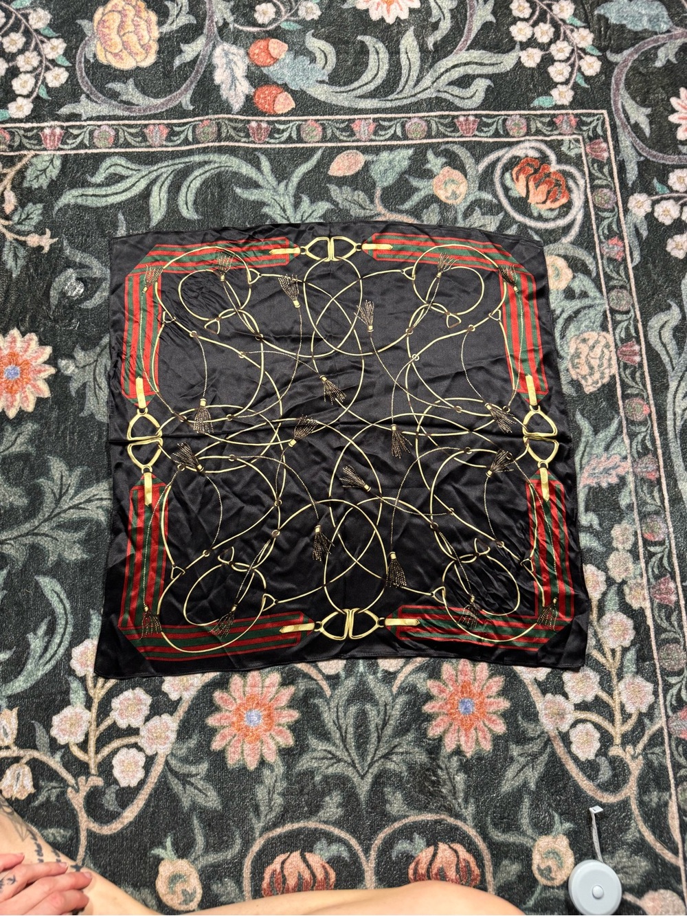 Black & Red Decorative Silk-Feel Scarf with Gold Chain Motif